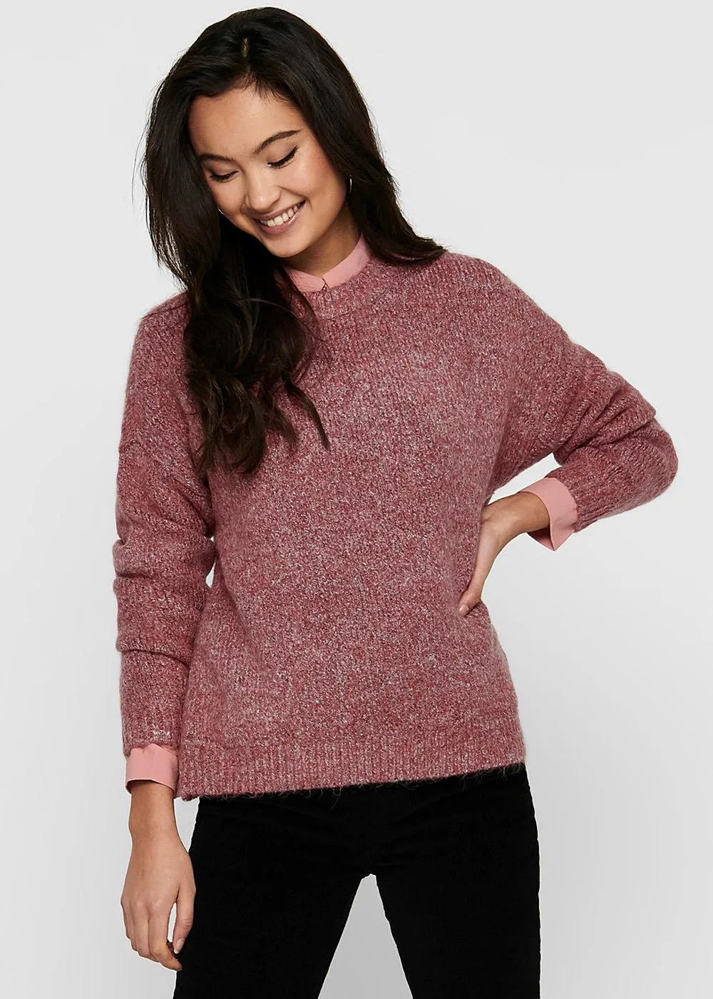 ONLY Damen Strickpullover Sweater Rippblenden am Saum ochre rot melange